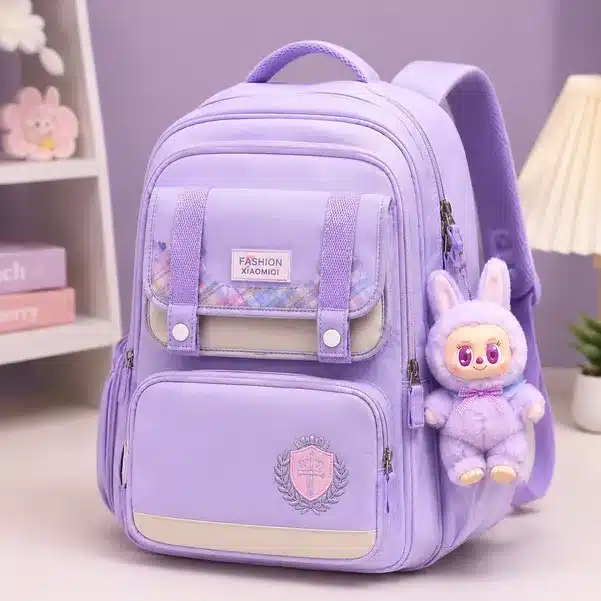 Cute Multi-Pocket School Backpack with Plush Charm